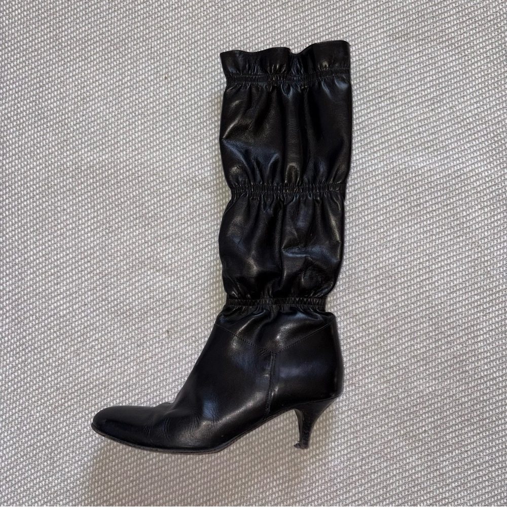 Vintage Black Leather Black Elastic Stiletto Heel Boots Italian Sz 38.5